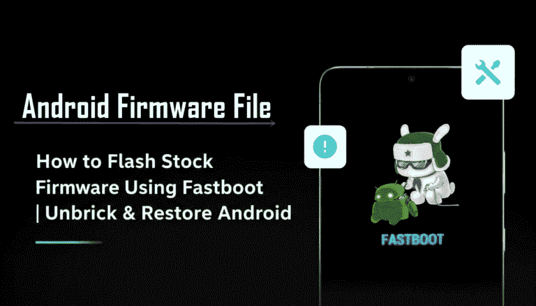 Alt text: "Graphic with text 'Android Firmware File: How to Flash Stock Firmware Using Fastboot | Unbrick & Restore Android' next to an android illustration on a phone, conveying a technical theme."