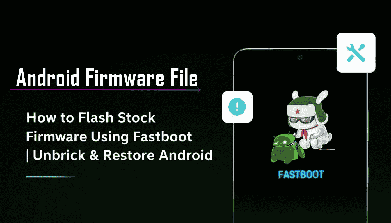 Alt text: "Graphic with text 'Android Firmware File: How to Flash Stock Firmware Using Fastboot | Unbrick & Restore Android' next to an android illustration on a phone, conveying a technical theme."