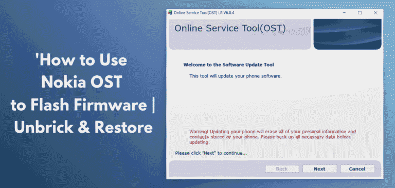Alt text: "Screenshot of Nokia OST software interface with a message on flashing firmware for unbrick and restore. Blue background with bold white text: 'How to Use Nokia OST to Flash Firmware | Unbrick & Restore.' The software displays update instructions and a warning in red."